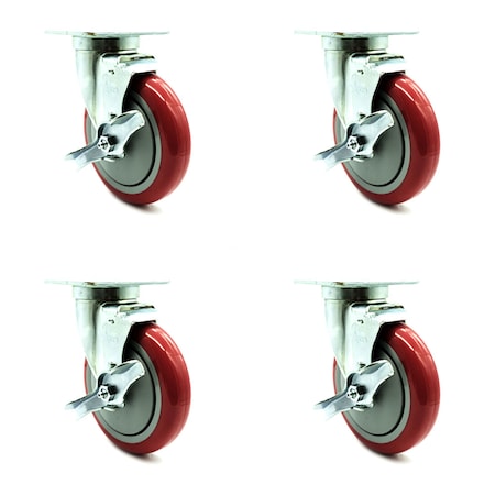 Service Caster Universal Kitchen Casters - 5" Red Wheel - 4 Swivel w/Brake SCC-20S514-PPUB-RED-TLB-TPU1-4